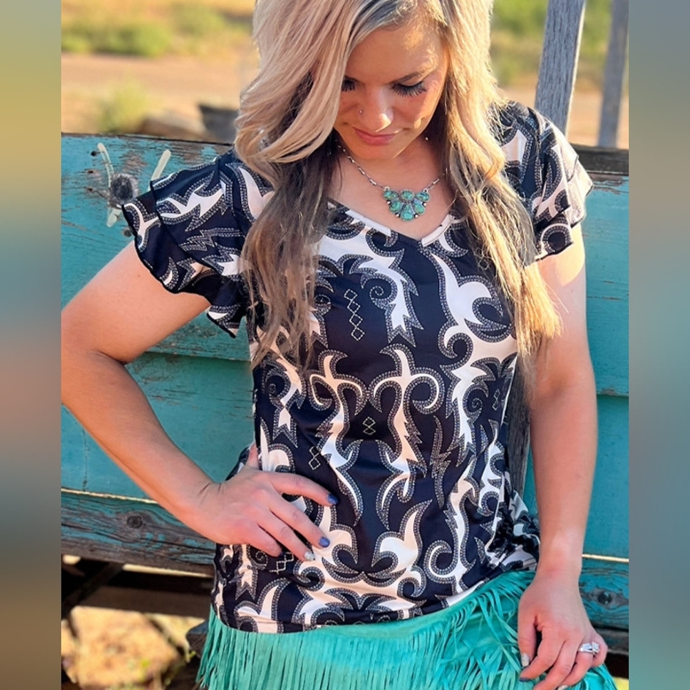 NWT Sterling Kreek  Black Space Cowgirl Western Short sleeved Top